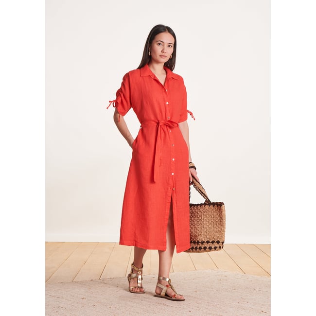 Robe chemise mi-longue oversize en lin sunrise <span itemprop=