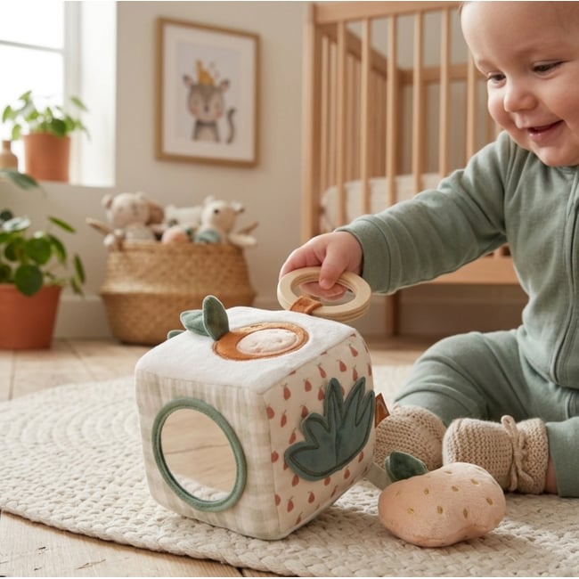 Cube d'activités bébé en velours blanc <span itemprop=