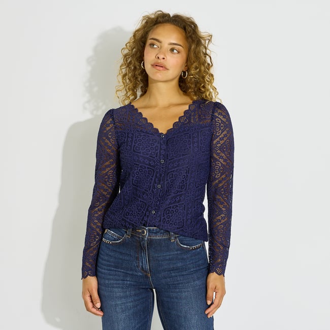 T-shirt col V ajouré bleu marine <span itemprop=