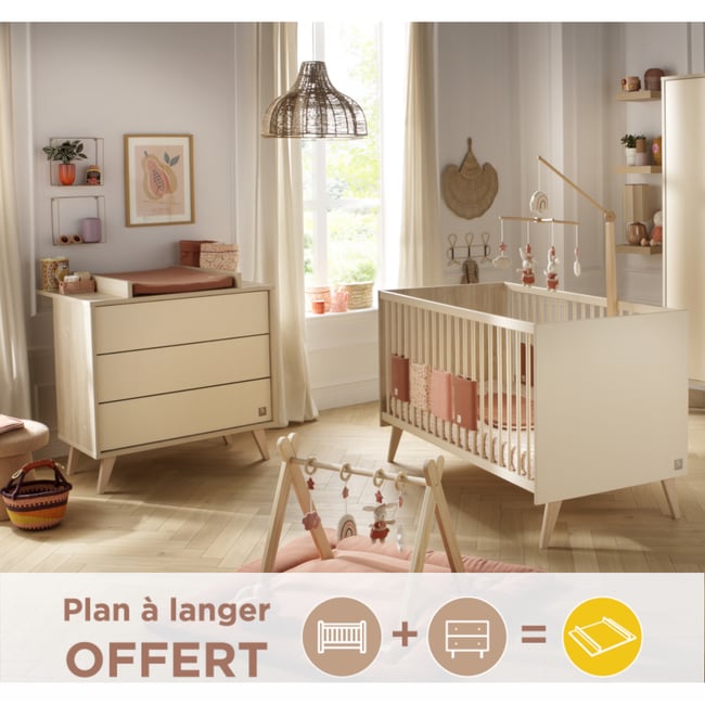 Chambre bébé, Lit évolutif et Commode à langer 3 tiroirs Couleur beige <span itemprop=