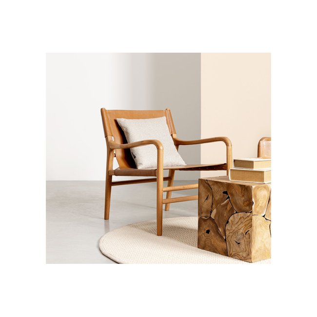Fauteuil lounge à accoudoirs en bois teck et cuir pleine fleur - LIAM Couleur cognac <span itemprop=