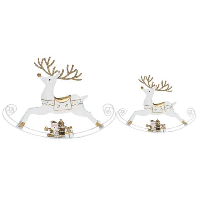 Set de 2 rennes à bascule   et doré 20x18 cm en métal Couleur blanc <span itemprop=