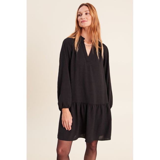 Robe courte évasée col v manches longues noir <span itemprop=