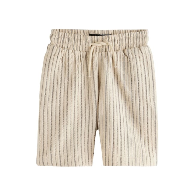 Short texturé à rayures écru/noir <span itemprop=