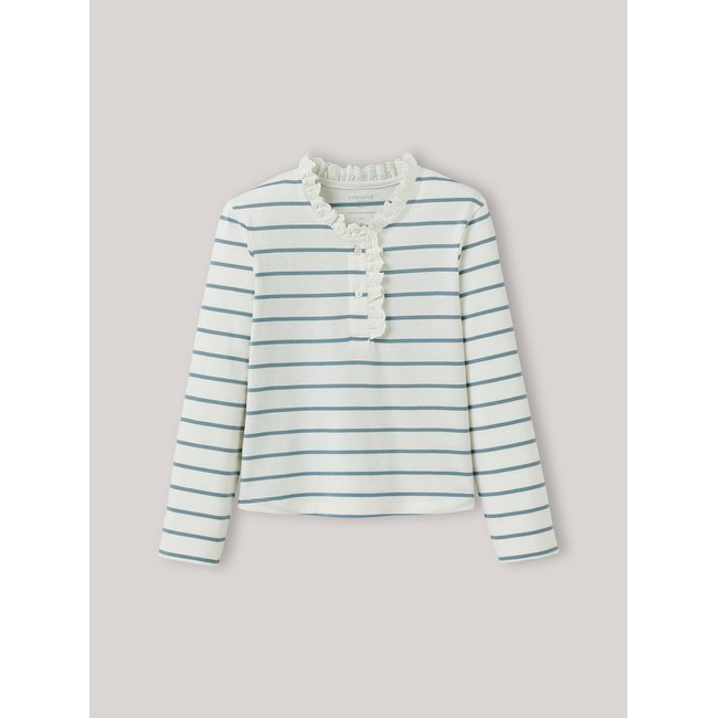 T-shirt rayé à col froufrou en coton biologique rayure bleu/ ecru <span itemprop=