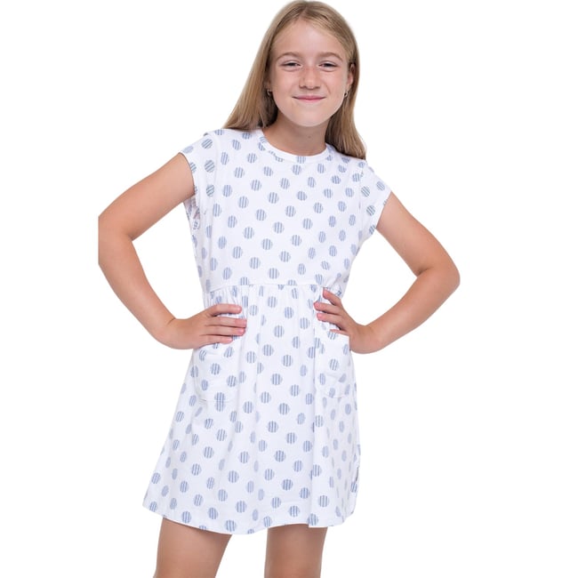 Robe décontractée à taille cintrée et manches courtes motif/style à pois et à rayures blanc <span itemprop=