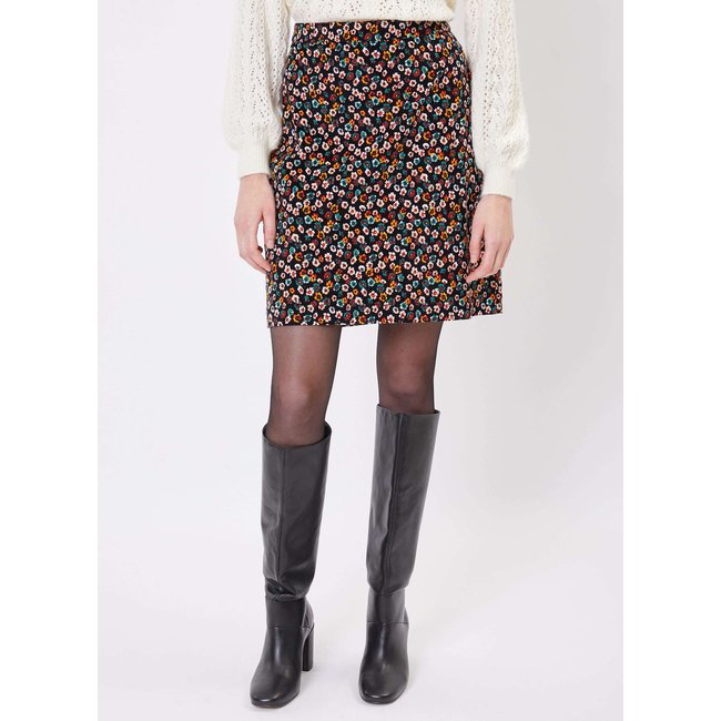 Jupe imprimée velours côtelé FLORA noir multi <span itemprop=