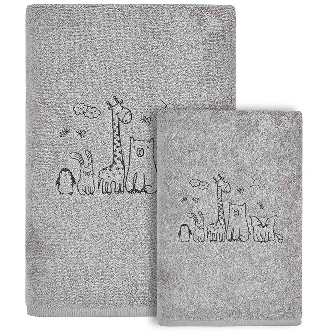 Ensemble enfant 1 serviette de toilette + 1 drap de bain BABY JUNGLE gris cendré <span itemprop=