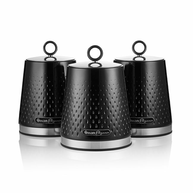 Set of 3 Elegance Tea Coffee Sugar Canisters, black, SWAN