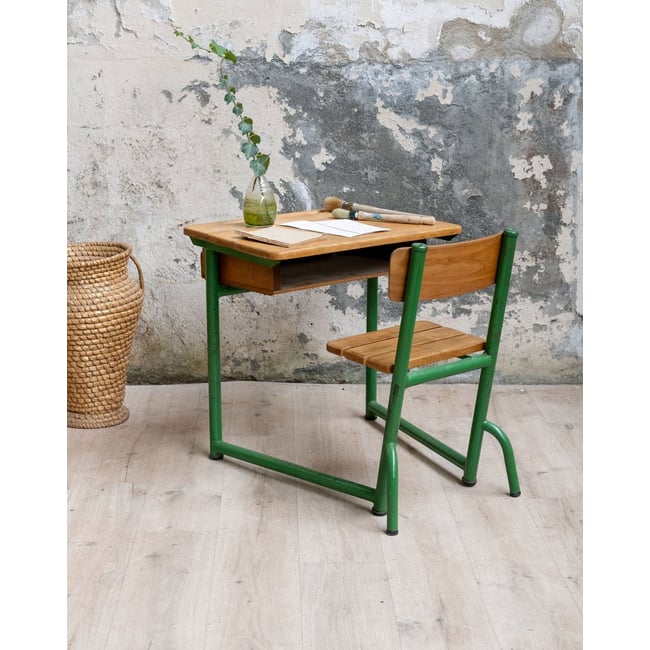 Bureau et la chaise d'écolier Edouard N°1090 - Bon état Couleur bois clair <span itemprop=