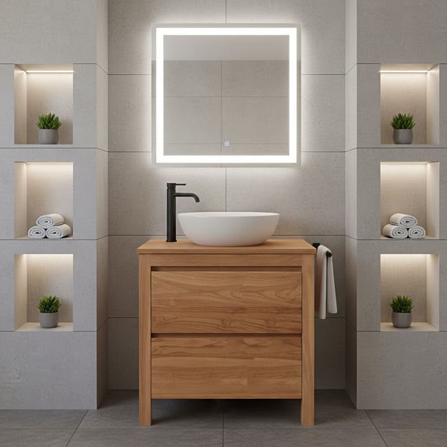 Meuble sous vasque en teck massif 80 cm - VAREDO Couleur naturel <span itemprop=
