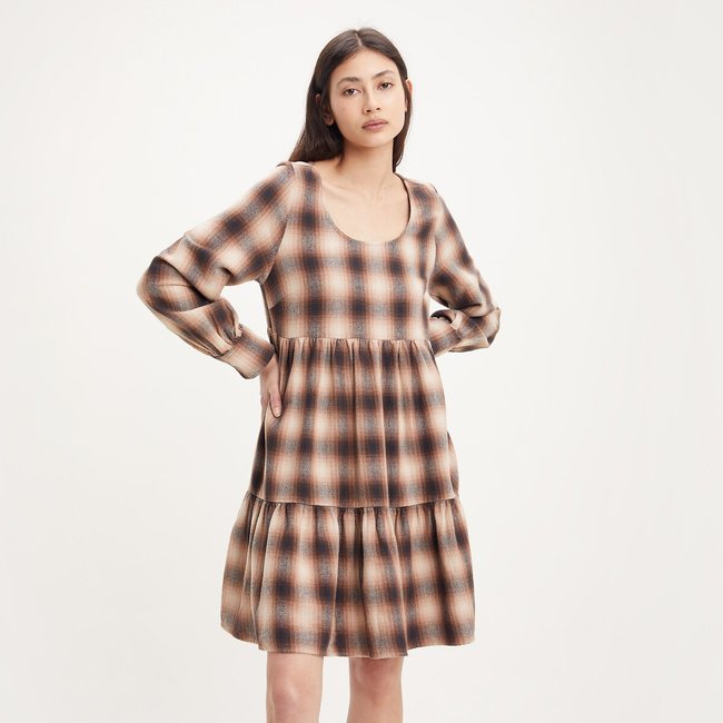 Vestido corto cuello redondo, mangas largas a cuadros cuadros beige <span itemprop=