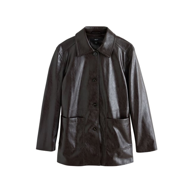 Veste boutonnée en similicuir marron chocolat <span itemprop=