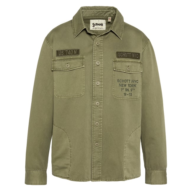 Surchemise army brodée et imprimée en coton lavé kaki <span itemprop=