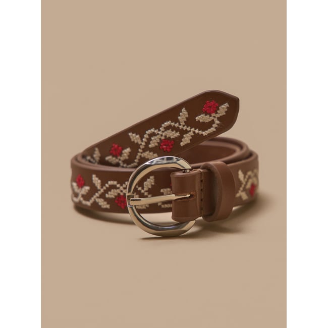 Ceinture brodée en cuir cognac <span itemprop=