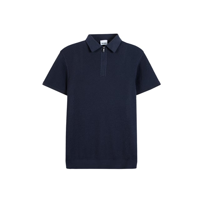 Polo tricot relief ajouré bleu marine <span itemprop=