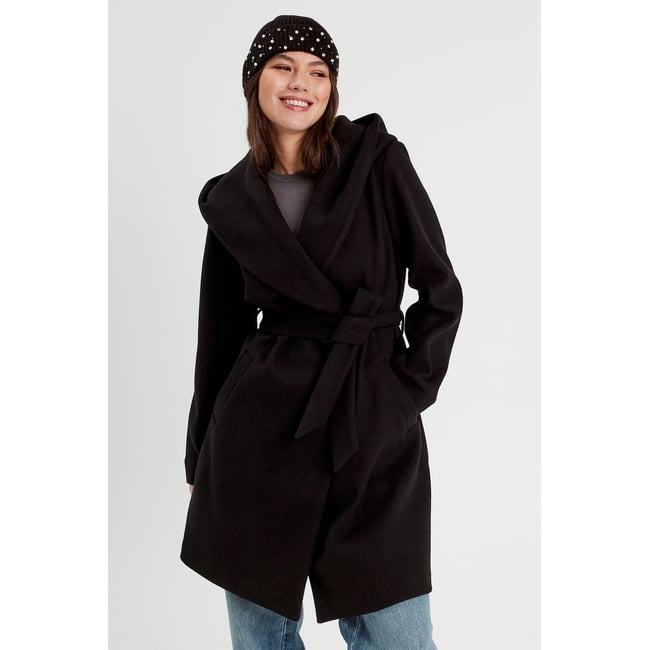 Manteau ceinturé à capuche noir <span itemprop=