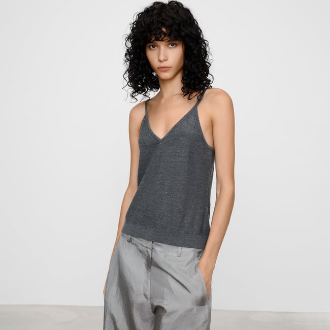 Top en laine mérinos à micro-paillettes anthracite <span itemprop=
