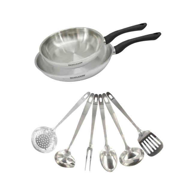 Set 2 poêles 24 et en inox et 6 ustensiles inox GENEVA inox|noir <span itemprop=