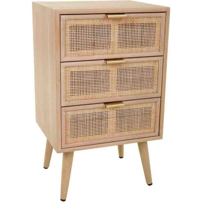 Table de chevet cannage, 3 Tiroirs Couleur bois naturel et cannage beige <span itemprop=