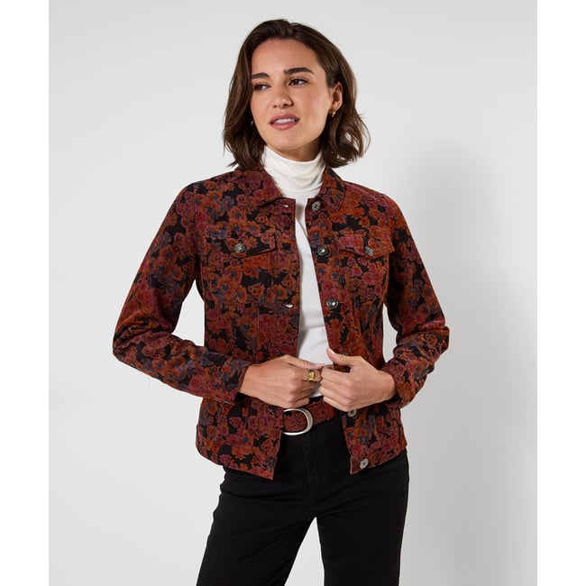 Veste en Velours Côtelé Fleurie Jours d'Automne marron <span itemprop=