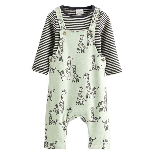 Salopette et body en jersey bébé, ensemble girafe vert sauge <span itemprop=