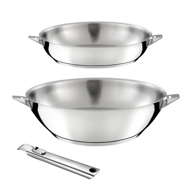Lot 3 pièces - Wok 28 cm, Poêle 24 cm et Poignée amovible - ECLIPSE inox <span itemprop=