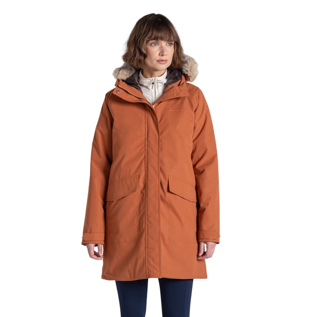 Veste imperméable à capuche avec bord duveteux amovible SOFIA orange clair <span itemprop=