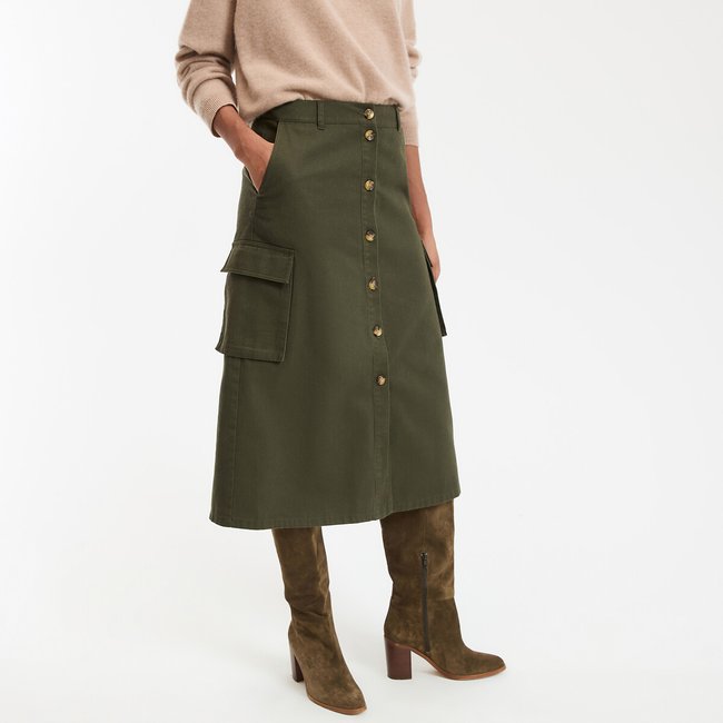 Jupe évasée en coton, boutonnée devant vert kaki <span itemprop=