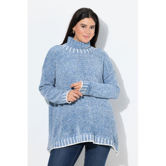 Pull poncho en maille chenille, oversized bleu pigeon <span itemprop=