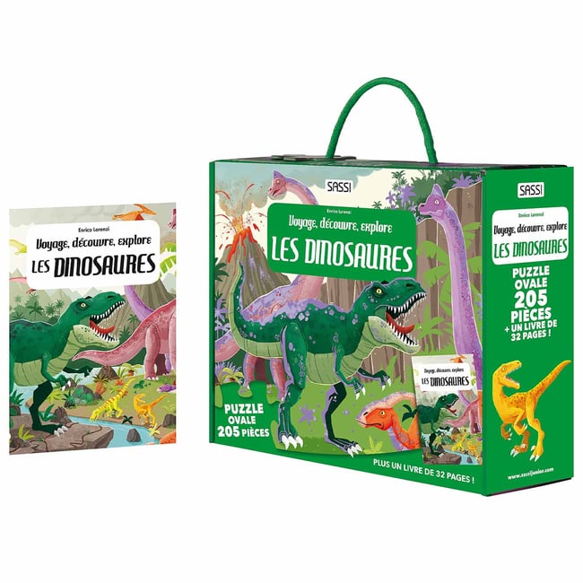 Puzzle & Livre - Voyagez, découvrez, explorez, Les dinosaures vert <span itemprop=
