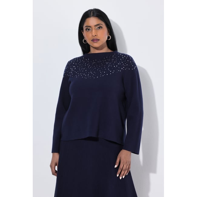 Pull en maille Milano, petits strass marine foncé <span itemprop=