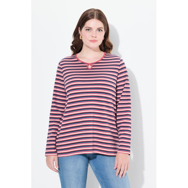 T-shirt rayé à col rond et manches longues framboise <span itemprop=
