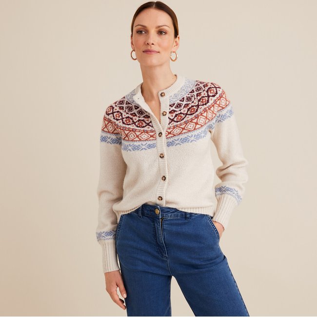 Chaqueta de punto jacquard, cierre con botones jacquard beige <span itemprop=
