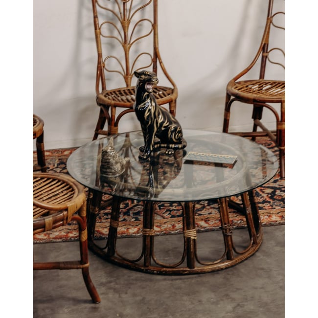 Table basse en verre et en bambou Léonie N°1170 - Bon état Couleur transparent <span itemprop=