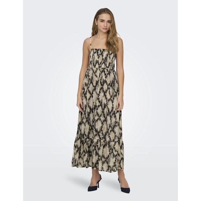 Bedrucktes Maxikleid mit schmalen Trägern beige <span itemprop=