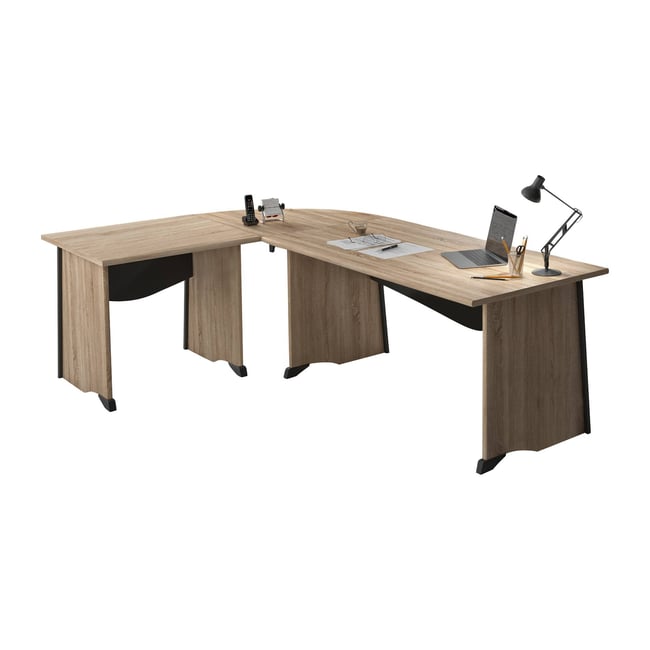 Bureau complet retour 120 cm - GREGORY - Largeur 140 cm Couleur bois clair <span itemprop=