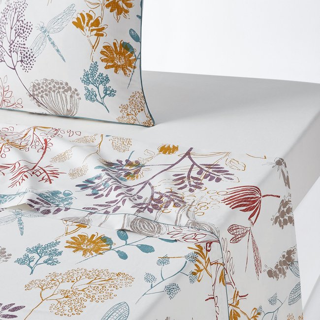Linnea Lenzuolo In Percalle Di Cotone 280x325 Cm - Collezione Plumes - Bianco Con Piume Grigie - Qualità 57 Fili