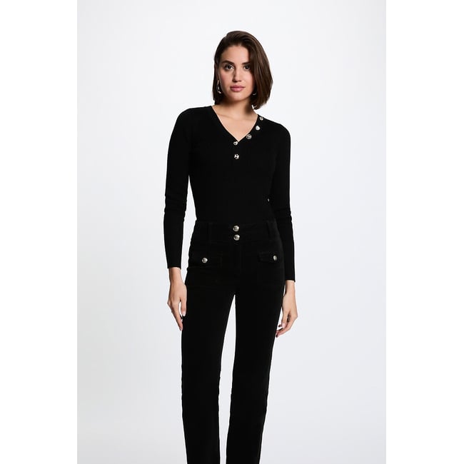 Pull col V fantaisie noir <span itemprop=