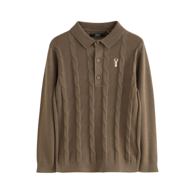 Polo en maille torsadée à motif cerf marron/kaki <span itemprop=