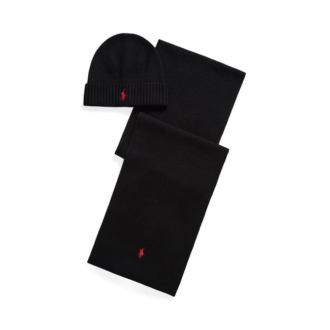 Cofanetto regalo con berretto e sciarpa in lana merino nero  POLO RALPH LAUREN