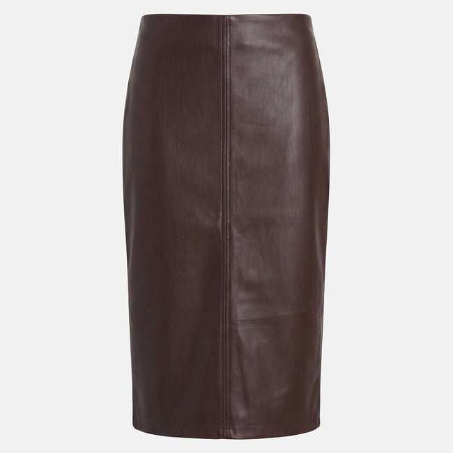 Jupe crayon, longueur midi, en simili marron <span itemprop=