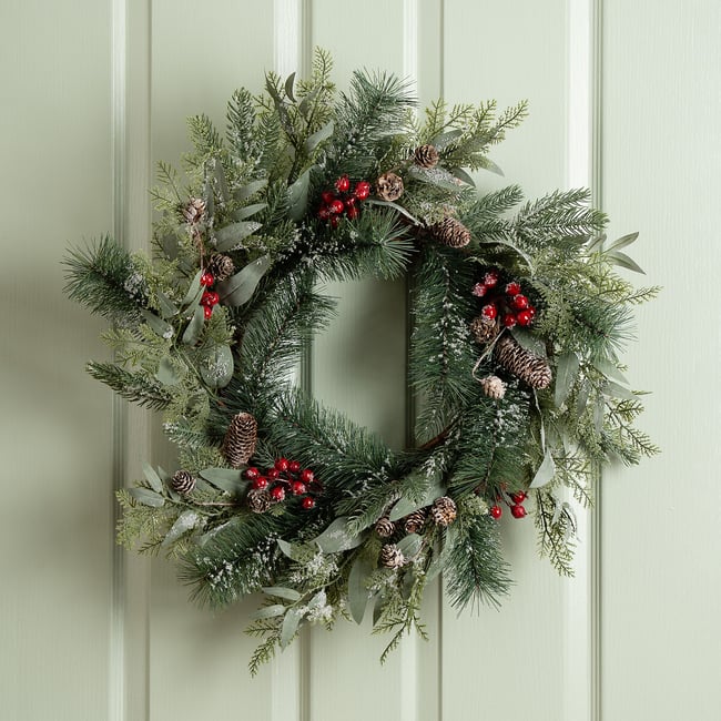 60cm Frosted Berry & Cone Wreath, green, SO'HOME