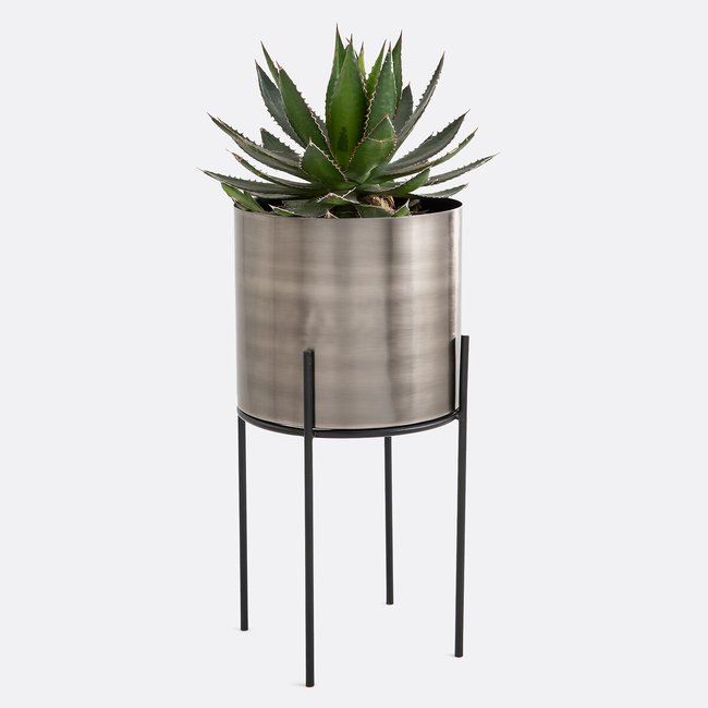 Cache-pot sur pied métal et gun Ø28 cm, Inaya Couleur gris/noir <span itemprop=