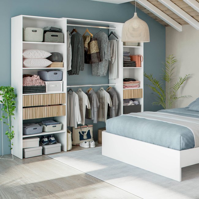 Dressing ouvert avec étagères et 3 tiroirs Couleur blanc <span itemprop=