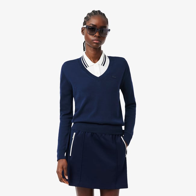 Pull col V manches longues marine <span itemprop=