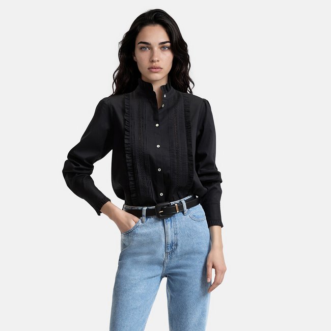 Blouse col victorien manches longues avec plastron noir <span itemprop=