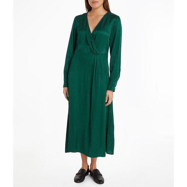 Robe longue jacquard monogramme, manches longues vert <span itemprop=
