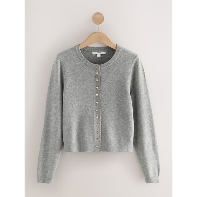 Cardigan slim doux ras du cou avec laine bouton coeur gris <span itemprop=