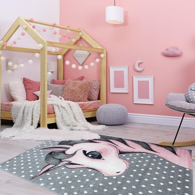 Tapis enfant tissé motif animaux KID DREAM Couleur rose, gris <span itemprop=